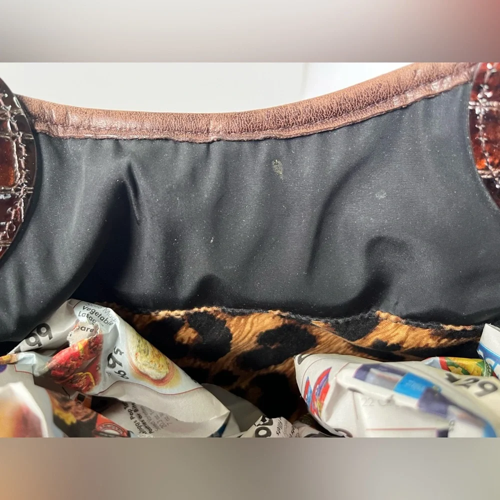 Y2K style Brighton nylon and leather shoulder bag, reptile and cheetah print